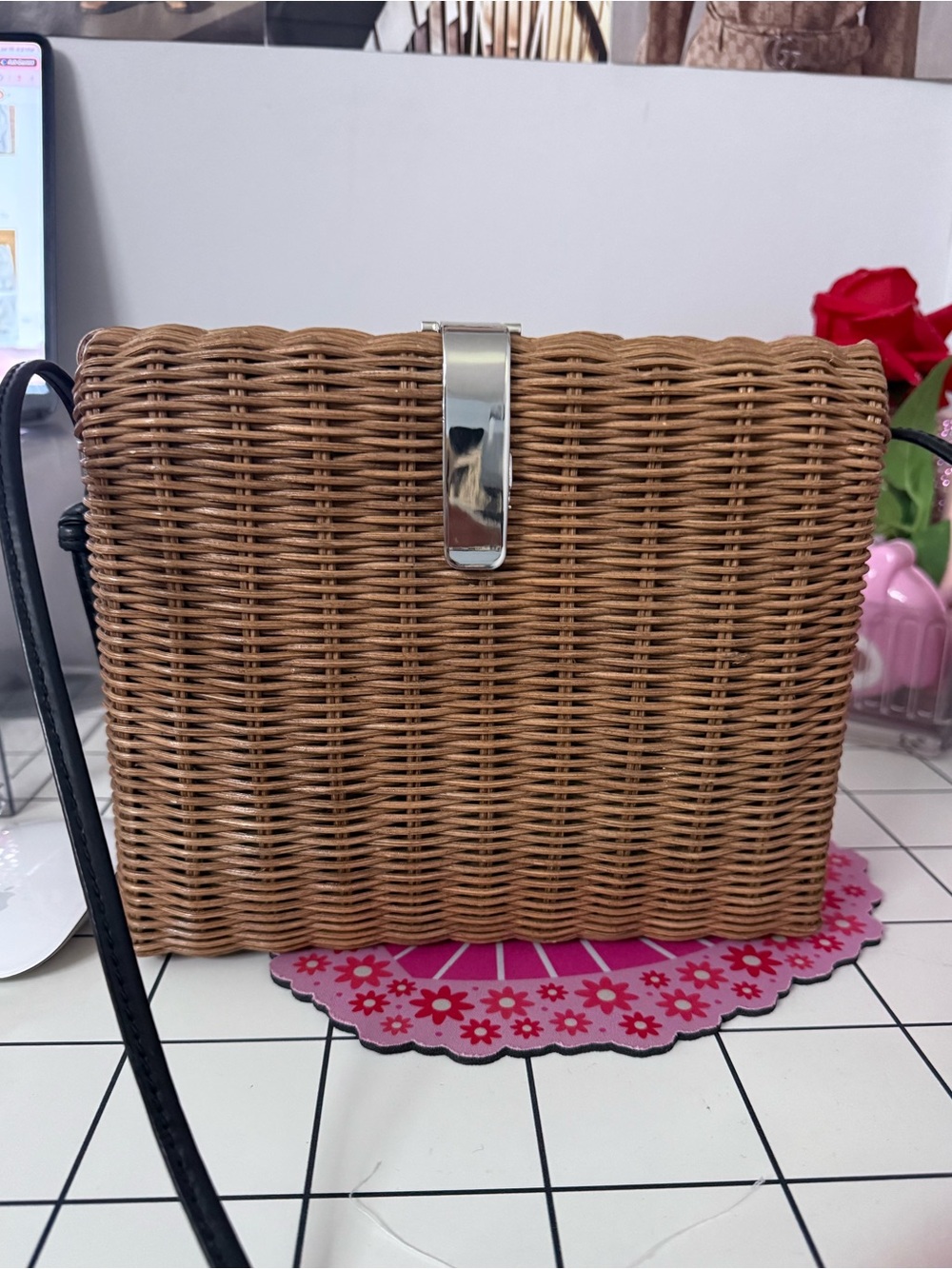 Rachel Comey Woven Rattan Crossbody in Brown with Silver Clasp